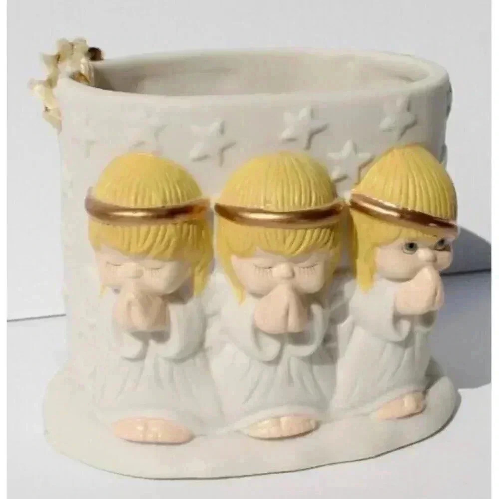 Vtg Hallmark Ceramic Vase Dish Displays 3 Angels Praying~White w/ Stars Heaven - Picture 2 of 4